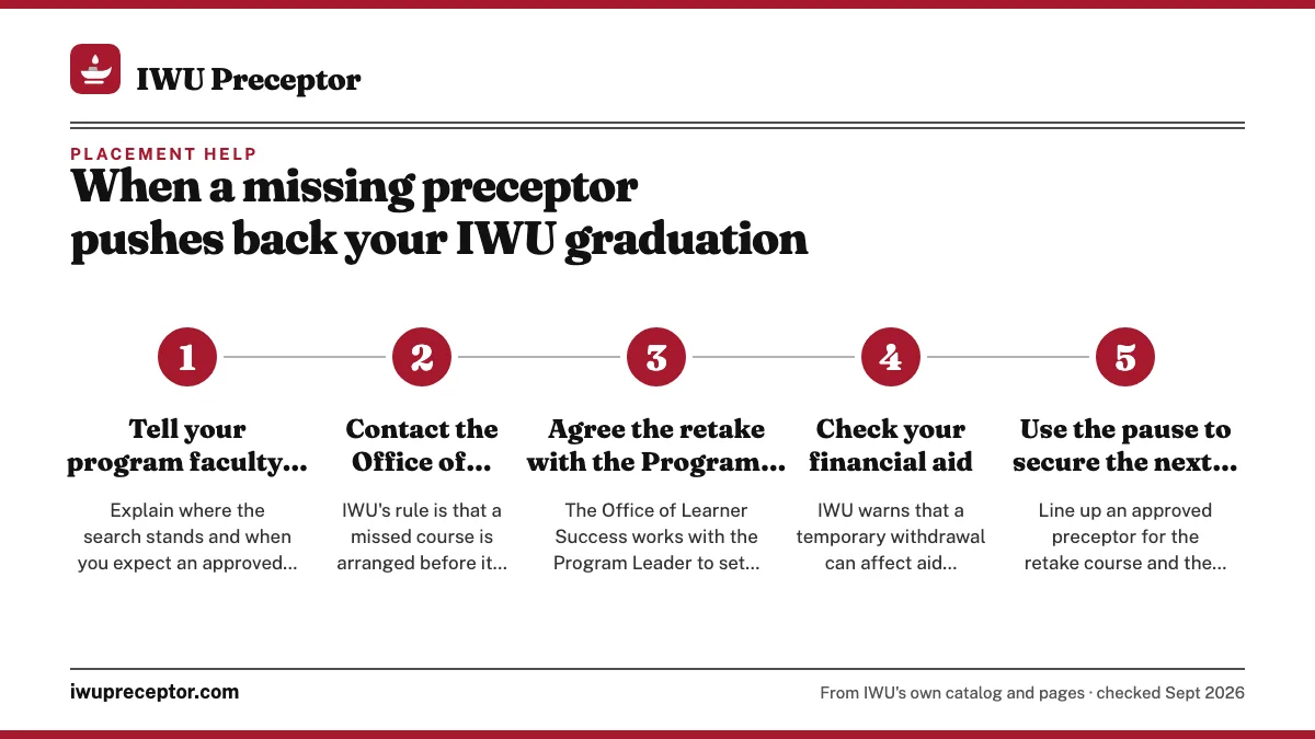 Numbered steps. If you have to sit out a course: 1 Tell your program faculty now; 2 Contact the Office of Learner Success before the start date; 3 Agree the retake with the Program Leader; 4 Check your financial aid; 5 Use the pause to secure the next site.