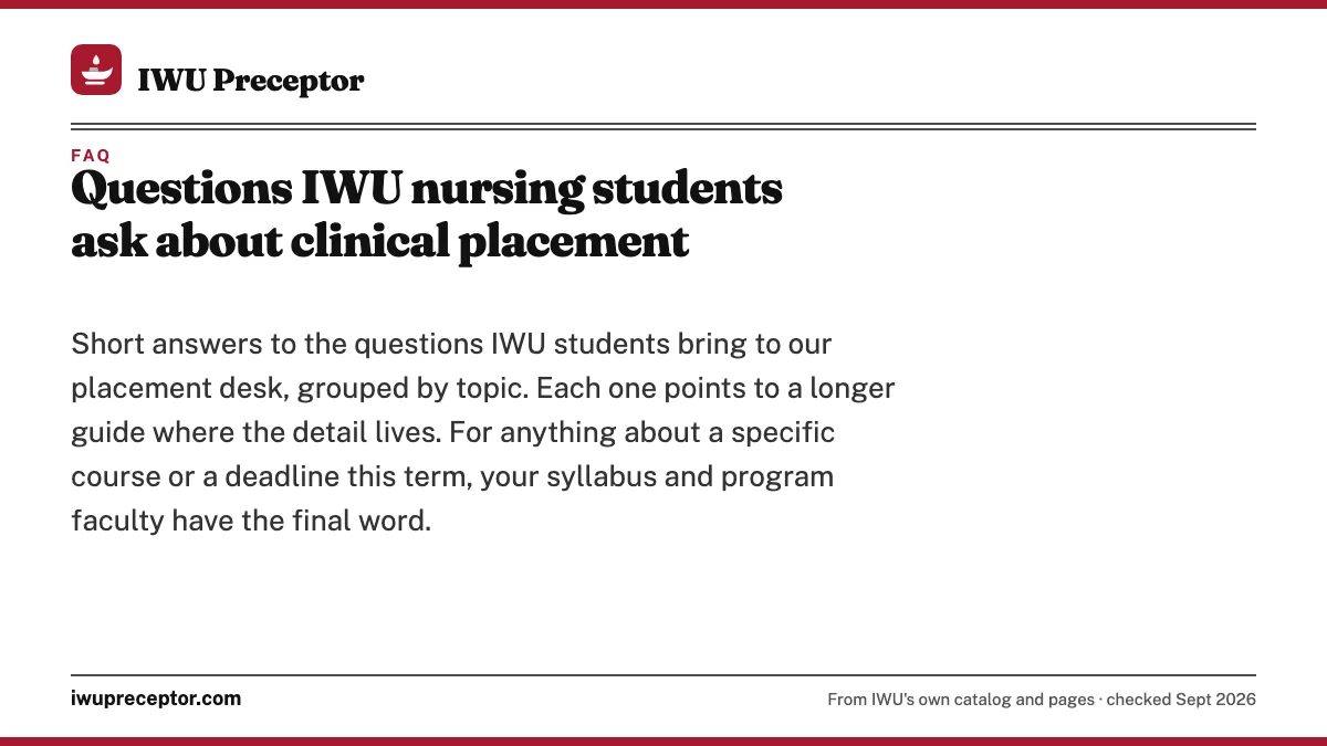 Questions IWU nursing students ask about clinical placement. Short answers to the questions IWU students bring to our placement desk, grouped by topic. Each one points to a longer guide where the detail lives. For anythin