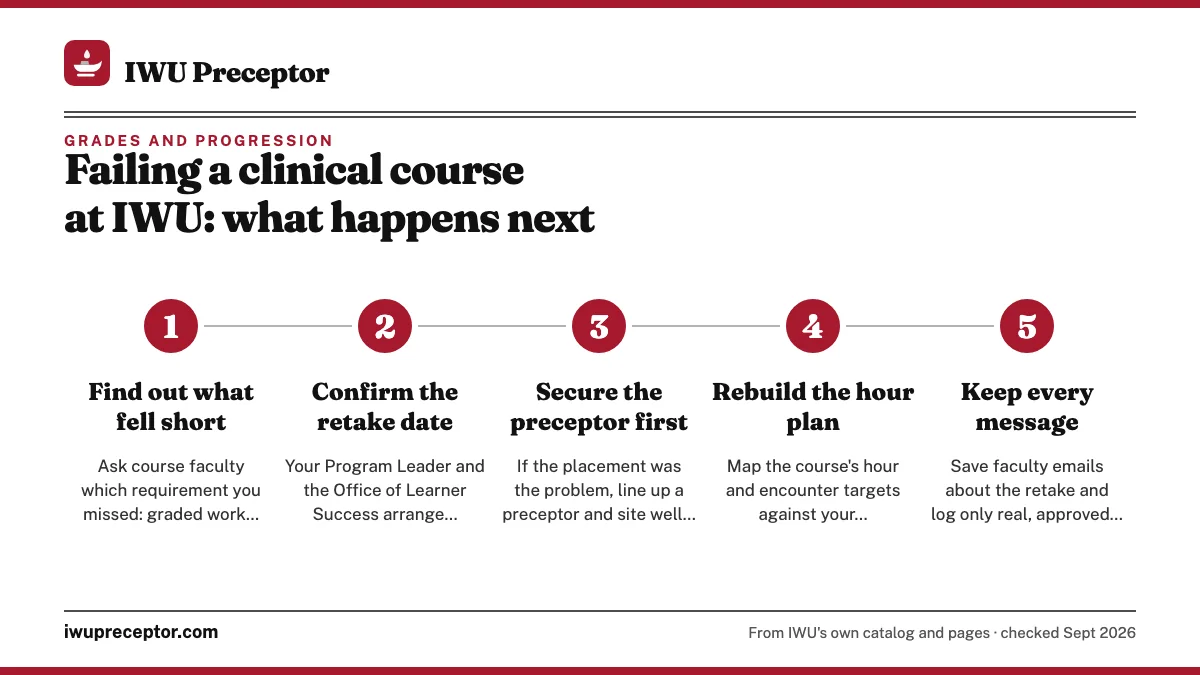 Numbered steps. Protecting the retake: 1 Find out what fell short; 2 Confirm the retake date; 3 Secure the preceptor first; 4 Rebuild the hour plan; 5 Keep every message.